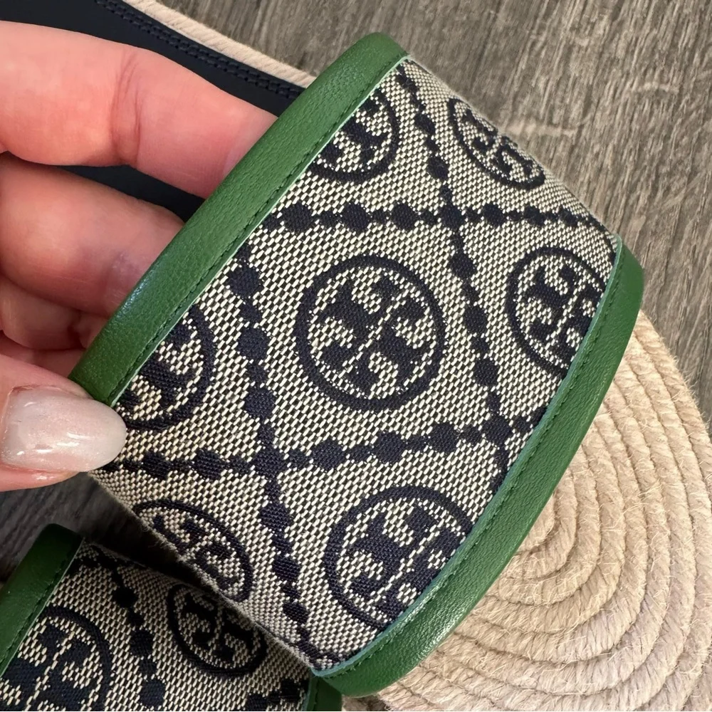 Tory Burch T monogram sandals Green and Beige Women's Slides espadrille size 8.5 - Picture 6 of 13